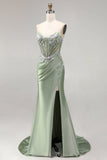Light Green 3D Floral Appliques Corset Sheer Ruched Satin Rhinestone Long Ball Dress with Slit