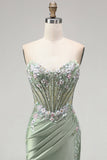Light Green 3D Floral Appliques Corset Sheer Ruched Satin Rhinestone Long Ball Dress with Slit
