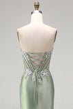 Light Green 3D Floral Appliques Corset Sheer Ruched Satin Rhinestone Long Ball Dress with Slit