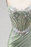 Light Green 3D Floral Appliques Corset Sheer Ruched Satin Rhinestone Long Ball Dress with Slit