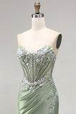 Light Green 3D Floral Appliques Corset Sheer Ruched Satin Rhinestone Long Ball Dress with Slit
