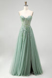 Glitter Dusty Sage Corset Floral Appliques Tulle Strapless Sequins Long Ball Dress with Slit