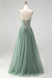 Glitter Dusty Sage Corset Floral Appliques Tulle Strapless Sequins Long Ball Dress with Slit