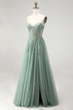 Glitter Dusty Sage Corset Floral Appliques Tulle Strapless Sequins Long Ball Dress with Slit