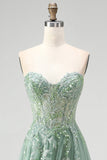 Glitter Dusty Sage Corset Floral Appliques Tulle Strapless Sequins Long Ball Dress with Slit
