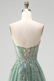 Glitter Dusty Sage Corset Floral Appliques Tulle Strapless Sequins Long Ball Dress with Slit