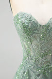 Glitter Dusty Sage Corset Floral Appliques Tulle Strapless Sequins Long Ball Dress with Slit