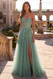 Glitter Dusty Sage Corset Floral Appliques Tulle Strapless Sequins Long Ball Dress with Slit