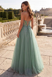Glitter Dusty Sage Corset Floral Appliques Tulle Strapless Sequins Long Ball Dress with Slit