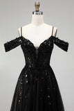 Cold Shoulder Black A-Line Tulle Sequins Appliques Long Prom Dress with Slit