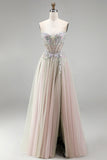 Dusty Rose Floral Appliques Rhinestone Corset Tulle A-Line Strapless Long Ball Dress with Slit