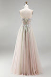 Dusty Rose Floral Appliques Rhinestone Corset Tulle A-Line Strapless Long Ball Dress with Slit