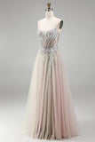 Dusty Rose Floral Appliques Rhinestone Corset Tulle A-Line Strapless Long Ball Dress with Slit