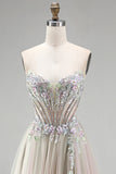Dusty Rose Floral Appliques Rhinestone Corset Tulle A-Line Strapless Long Ball Dress with Slit
