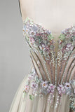 Dusty Rose Floral Appliques Rhinestone Corset Tulle A-Line Strapless Long Ball Dress with Slit