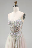 Dusty Rose Floral Appliques Rhinestone Corset Tulle A-Line Strapless Long Ball Dress with Slit