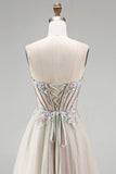 Dusty Rose Floral Appliques Rhinestone Corset Tulle A-Line Strapless Long Ball Dress with Slit