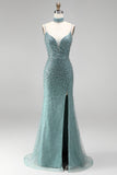 Grey Green Mermaid Sequins Beaded V-Neck Tulle Long Ball Dress with Choker