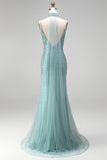 Grey Green Mermaid Sequins Beaded V-Neck Tulle Long Ball Dress with Choker