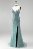 Grey Green Mermaid Sequins Beaded V-Neck Tulle Long Ball Dress with Choker