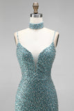 Grey Green Mermaid Sequins Beaded V-Neck Tulle Long Ball Dress with Choker