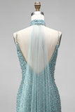 Grey Green Mermaid Sequins Beaded V-Neck Tulle Long Ball Dress with Choker