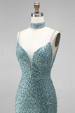 Grey Green Mermaid Sequins Beaded V-Neck Tulle Long Ball Dress with Choker