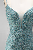 Grey Green Mermaid Sequins Beaded V-Neck Tulle Long Ball Dress with Choker