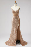 Sparkly Golden Corset Mermaid Rhinestones Sequins Strapless Long Ball Dress with Slit