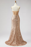 Sparkly Golden Corset Mermaid Rhinestones Sequins Strapless Long Ball Dress with Slit