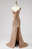 Sparkly Golden Corset Mermaid Rhinestones Sequins Strapless Long Ball Dress with Slit