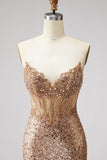 Sparkly Golden Corset Mermaid Rhinestones Sequins Strapless Long Ball Dress with Slit
