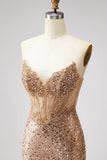 Sparkly Golden Corset Mermaid Rhinestones Sequins Strapless Long Ball Dress with Slit