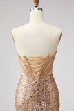 Sparkly Golden Corset Mermaid Rhinestones Sequins Strapless Long Ball Dress with Slit