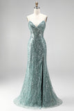 Dusty Green Sequins Pearls V-Neck Spaghetti Straps Mermaid Long Ball Dress with Slit