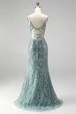 Dusty Green Sequins Pearls V-Neck Spaghetti Straps Mermaid Long Ball Dress with Slit