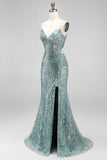 Dusty Green Sequins Pearls V-Neck Spaghetti Straps Mermaid Long Ball Dress with Slit