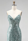 Dusty Green Sequins Pearls V-Neck Spaghetti Straps Mermaid Long Ball Dress with Slit