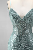 Dusty Green Sequins Pearls V-Neck Spaghetti Straps Mermaid Long Ball Dress with Slit