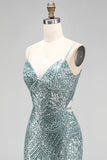 Dusty Green Sequins Pearls V-Neck Spaghetti Straps Mermaid Long Ball Dress with Slit
