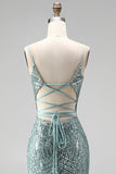Dusty Green Sequins Pearls V-Neck Spaghetti Straps Mermaid Long Ball Dress with Slit
