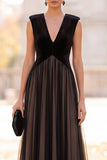 Black A-Line V-Neck Velvet Tulle Long Formal Dress