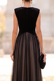 Black A-Line V-Neck Velvet Tulle Long Formal Dress