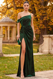 Dark Green Sheath Asymmetrical One Shoulder Ruched Beaded Long Formal Dress with Slit