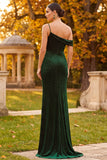 Dark Green Sheath Asymmetrical One Shoulder Ruched Beaded Long Formal Dress with Slit