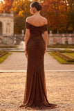 Coffee Sheath Off the Shoulder Ruched Maxi Formal Dress