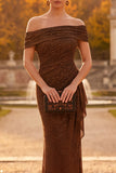 Coffee Sheath Off the Shoulder Ruched Maxi Formal Dress