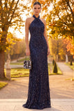 Navy Sheath Halter Fringed Sequins Maxi Formal Dress