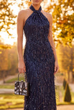 Navy Sheath Halter Fringed Sequins Maxi Formal Dress