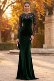 Dark Green Velvet Mermaid Illusion Neck Long Sleeves Maxi Formal Dress with Lace